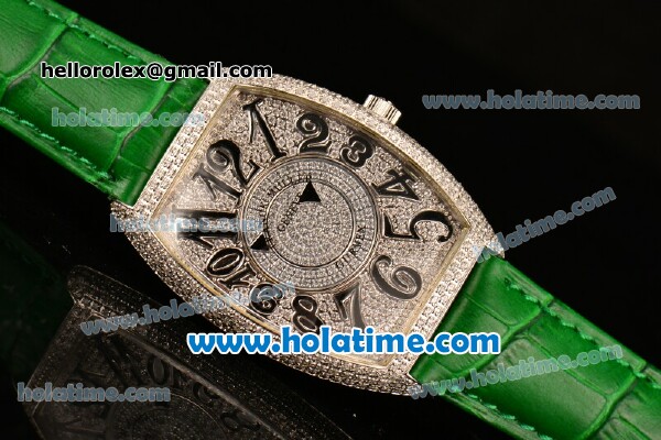 Franck Muller Cintree Curvex Swiss Quartz Steel/Diamonds Case with Diamonds Dial Numeral Markers and Green Leather Strap - Click Image to Close